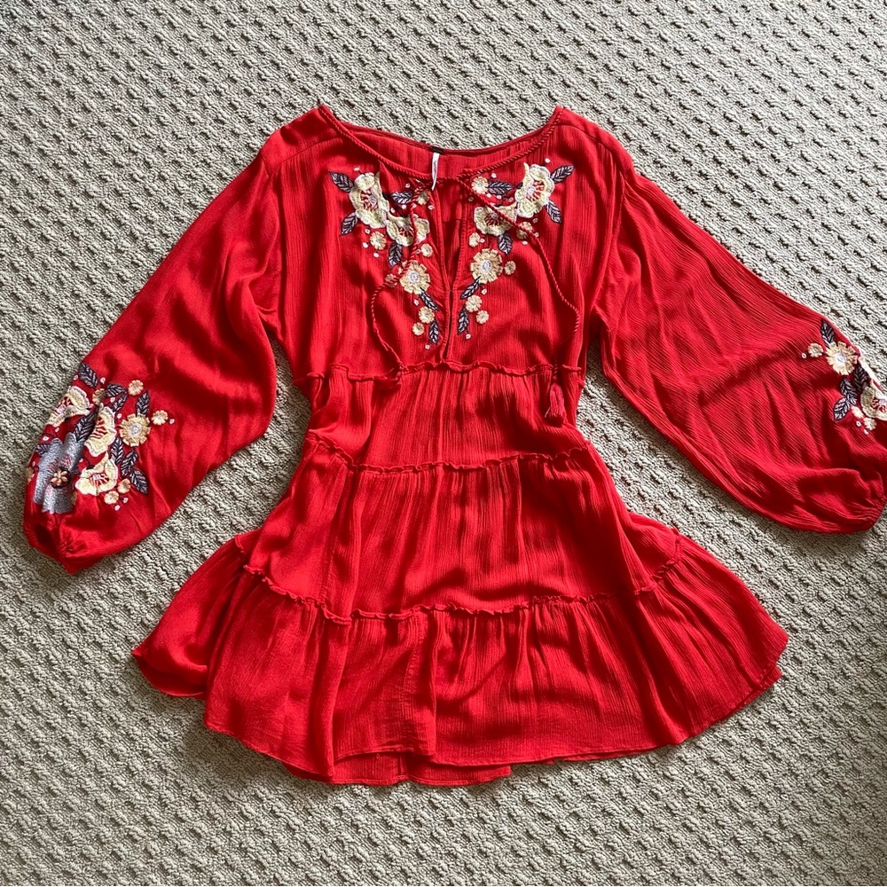 Free People Red Floral Embroidered Dress